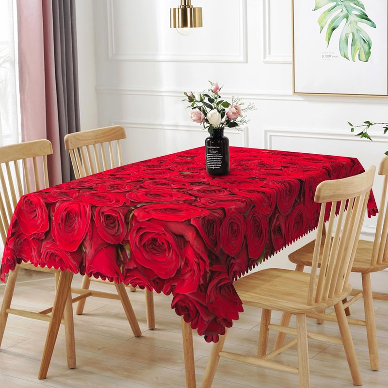 TTQYFNM 54x78inches Red Rose Floral Tablecloth Romantic Rose Flowers Blossom Nature Print Rectangle Table Cloth Wipeable Polyester Table Cover for Dining Room Kitchen Outdoor Wedding Party Decor