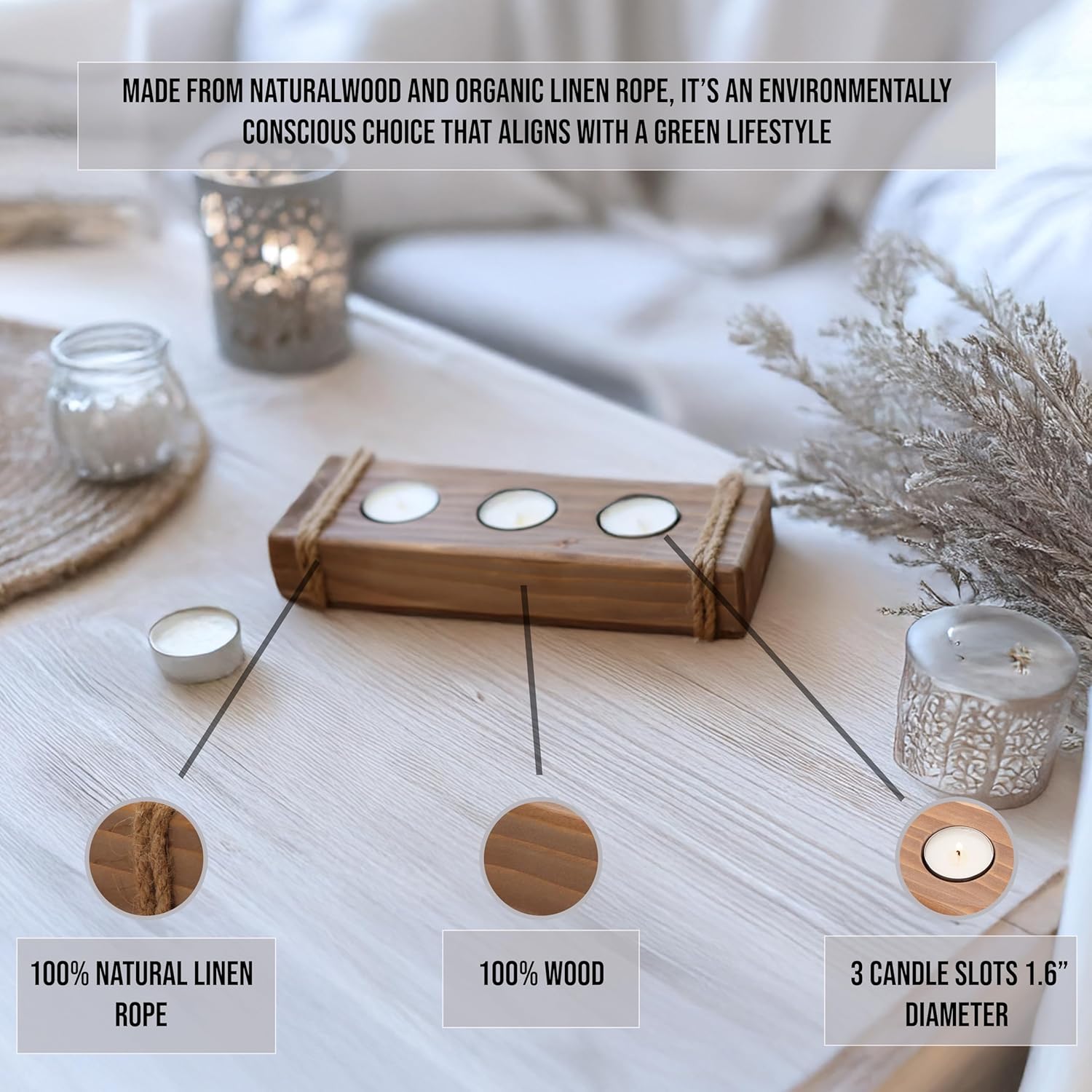 Rustic Wooden Tealight Candle Holder - Farmhouse Table Decor - 3 Tea Light Tray in Brown