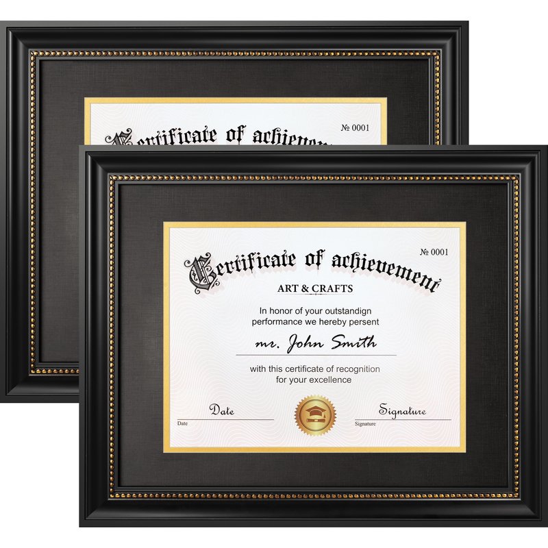 Yaetm 11x14 Diploma Frame, Certificate Frame with Tempered Glass, Display 8.5x11 Document with Black Over Gold Acid-free Mat, Degree Frames for Wall and Tabletop, Black with Gold Beads, 2 Pack