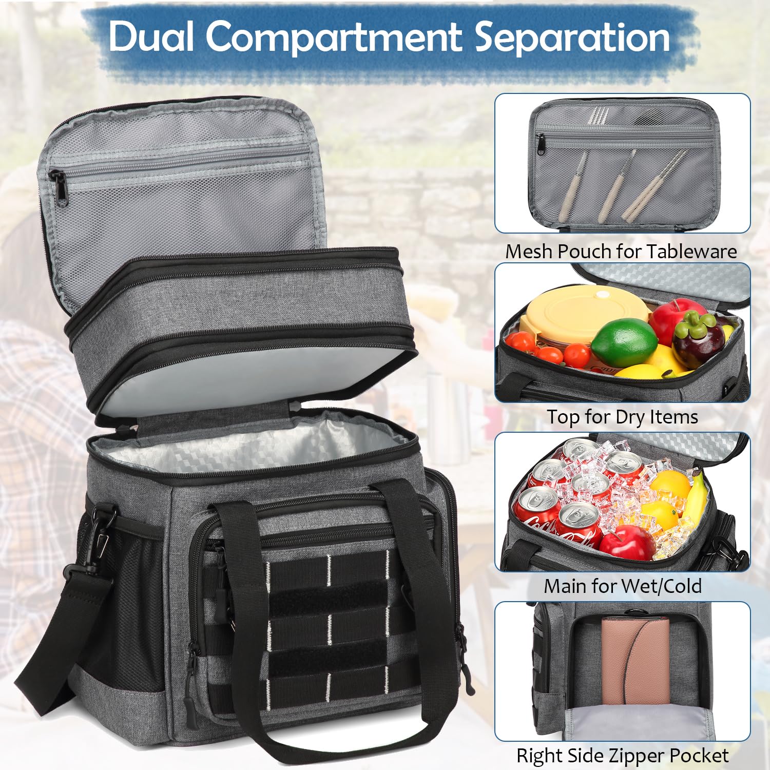 BISKLNDN Tactical Lunch Box for Men - Large Expandable Insulated Lunch Bag Cooler Bag, Soft Mens Lunchbox for Work, Camping, Beach, Picnic, Hiking & Outdoor Shifts, 16L, Black+Gray