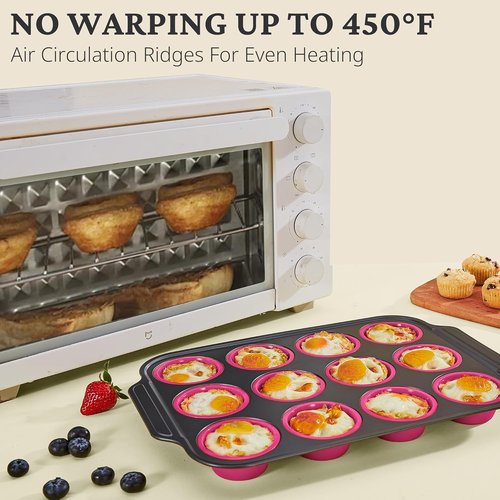 BRONYPRO Silicone Muffin Pans - Nonstick Egg Bite Molds & Cupcake Tins | 12 Regular Size, Rose Pink