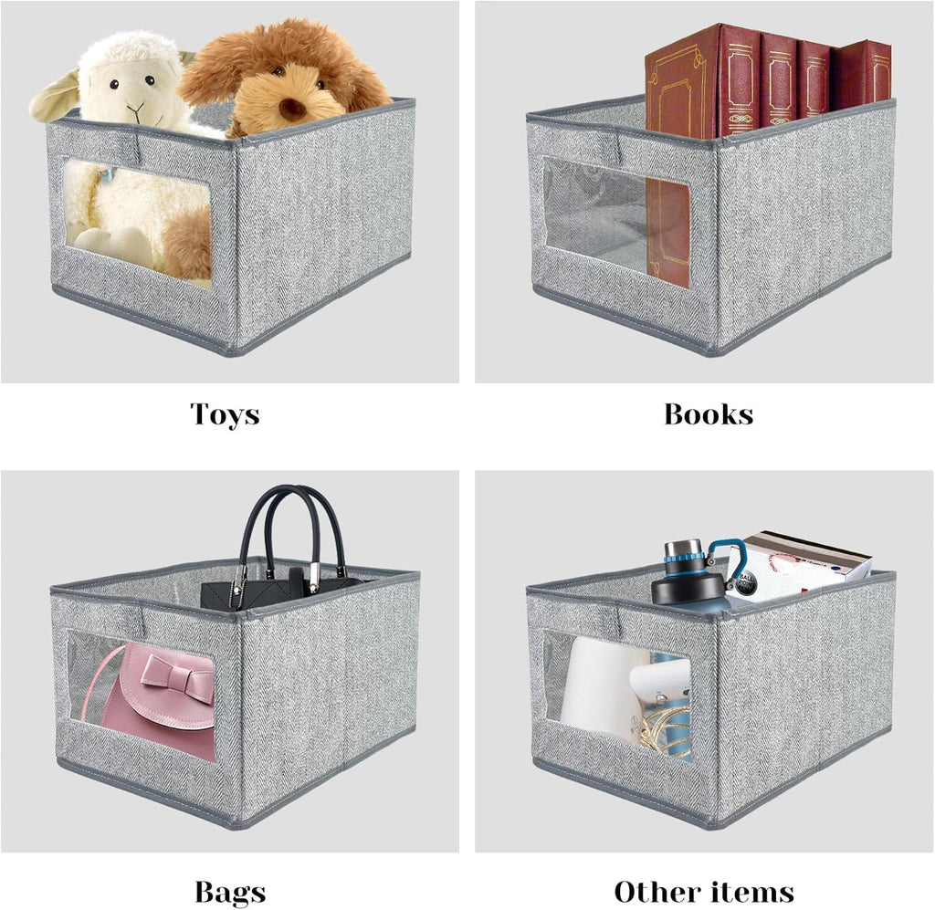 Skiennix Linen Closet Storage Bins - 6 Pieces with Clear Window for Organizing Clothes & Books
