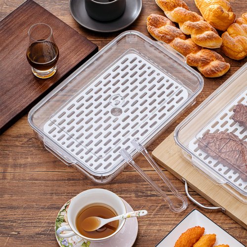 FillTouch 2 Pcs Bacon Storage Container for Refrigerator with Tong, Bacon Deli Meat Storage Container with Perforated Tray for Freshness, Clear Plastic Meat Saver for Fridge Food