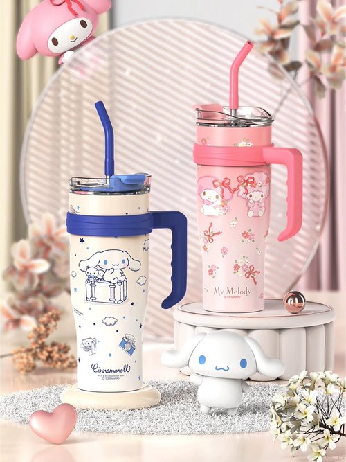 Many Rainbows Cinnamoroll Stainless Steel Insulated Tumbler with Lid, Straw & Handle 1200ml - XL Size, White