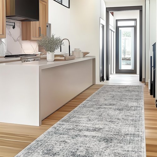Restydon Kitchen Runner Rugs Non Skid Washable - 2.5 x 10 Runner Rug with Anti Slip Backing, Ultra-Thin Soft Rug Runner for Hallway, Bedroom, Living Room (2'x10', Grey/Ivory)