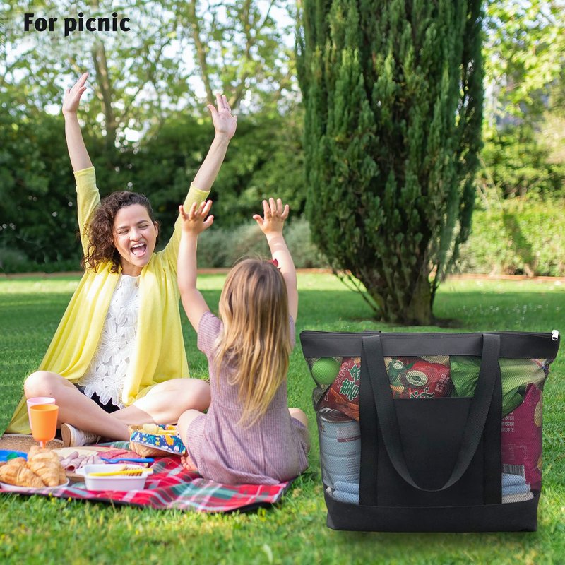 hsmyank 2Pack Mesh Tote Bag,Sandproof Beach Bags with Zipper &Double Pocket For Groceries,Poolside,Travel,Towels (Black)