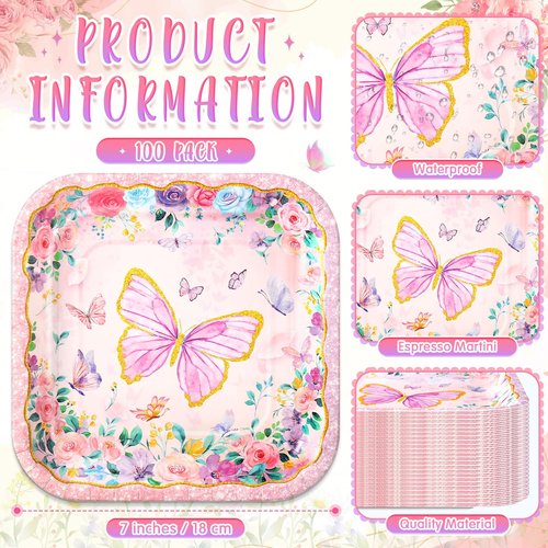 Potchen 100 Pcs Butterfly Dessert Plates Bulk 7 x 7 Inch Disposable Pink Butterfly Paper Plates Square Gold Foil Dessert Plates for Butterfly Spring Party Decor Supplies