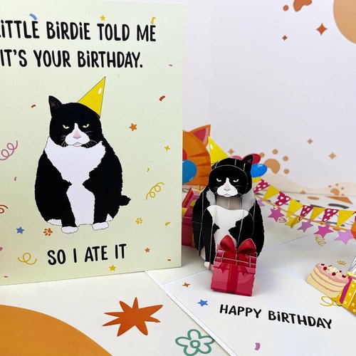 4BO Black Cat Pop-Up Birthday Card - Handmade 3D Greeting Card for Cat Lovers | Unique Fun Gift