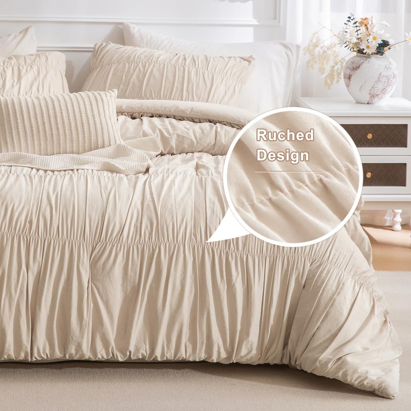Masaca Queen Comforter Set,Ruched Ruffle Comforter Set Queen,3 Pieces Ultra Soft Lightweight Farmhouse Shabby Boho Chic Bedding (1 Wheat Comforter+2 Pillow Shams)