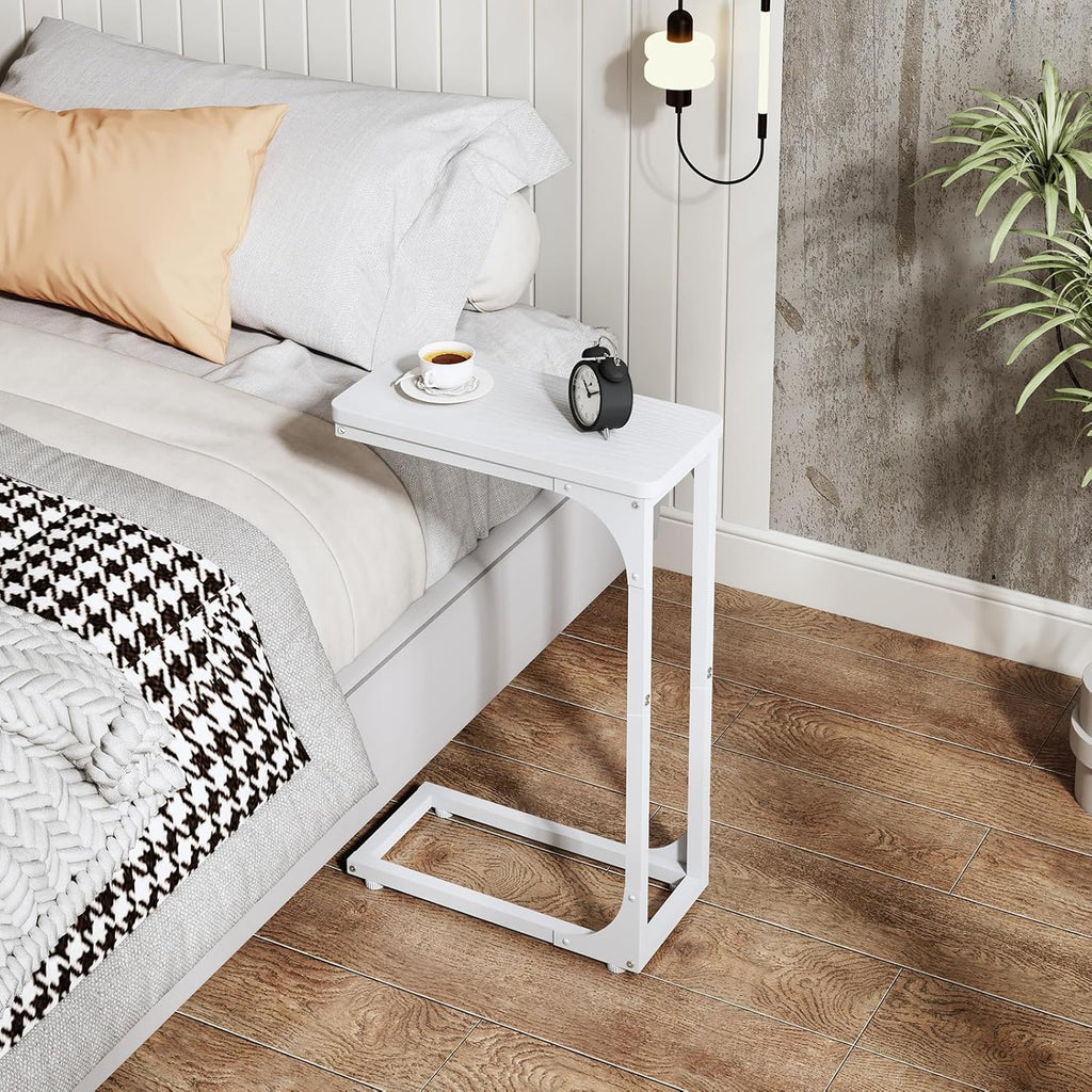 QEEIG Narrow C Shaped Side Table Set of 2 - Modern Slim Couch Tray Tables | White, 7-Inch Width