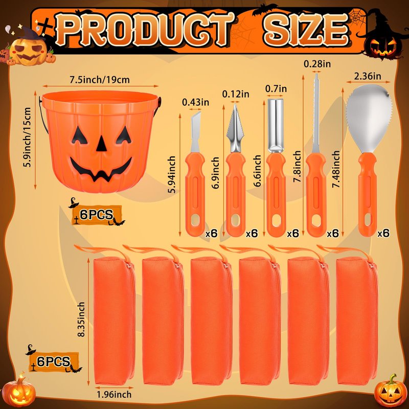 Ripeng 54 Pcs 6 Set Halloween Pumpkin Carving Kit Professional Heavy Duty Carving Tools Set Included Stainless Steel Pumpkin Tools with Storage Bag Bucket Stencils for Party Halloween Decor