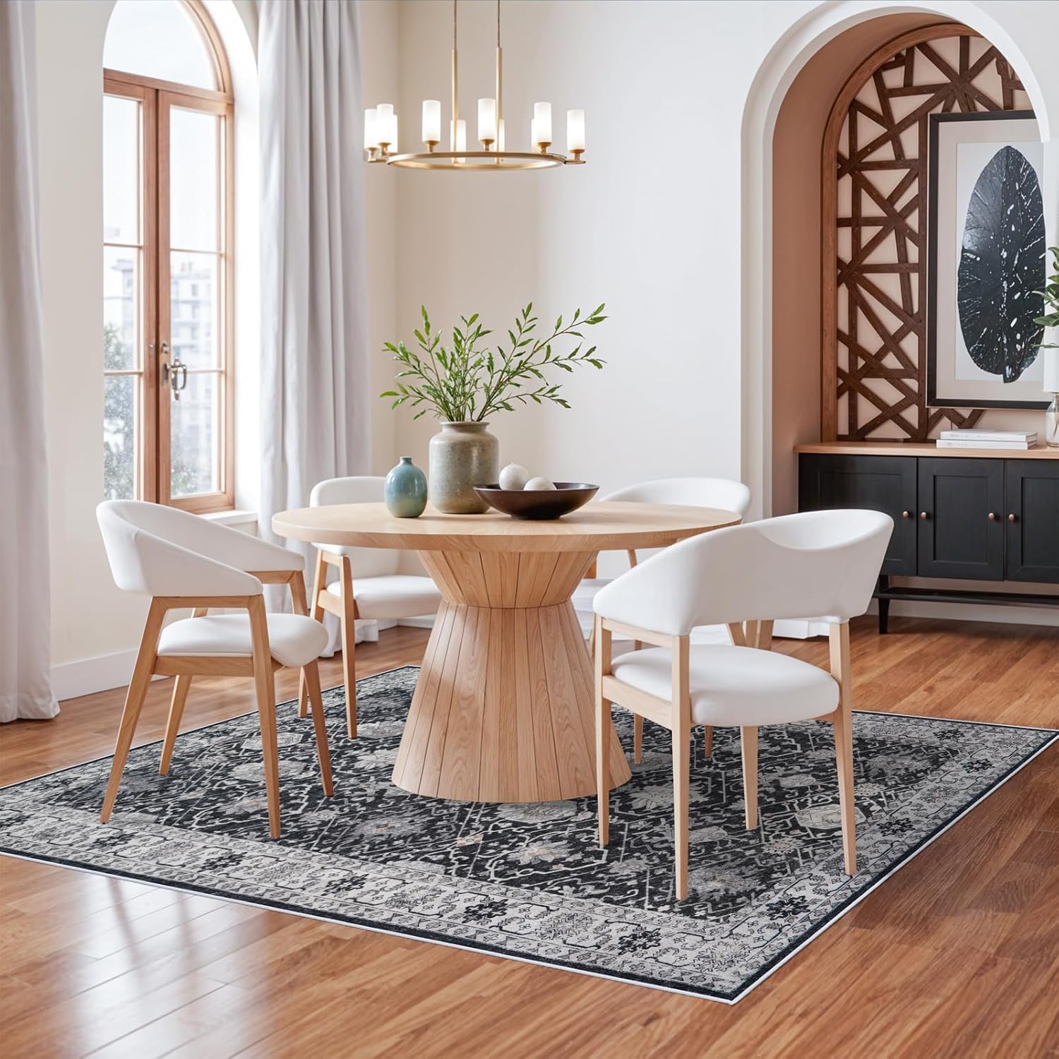 Skiennix 5x7 Living Room Area Rug - Washable, Non-Slip, Stain Resistant Vintage Soft Carpet | Black