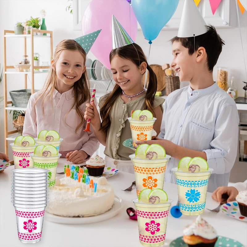 60 Pcs 12 oz Fiesta Plastic Cups Mexican Cinco De Mayo Party Decorations Disposable Mexican Papel Picado Pattern Clear Cups for Taco Theme Party Decors Supplies