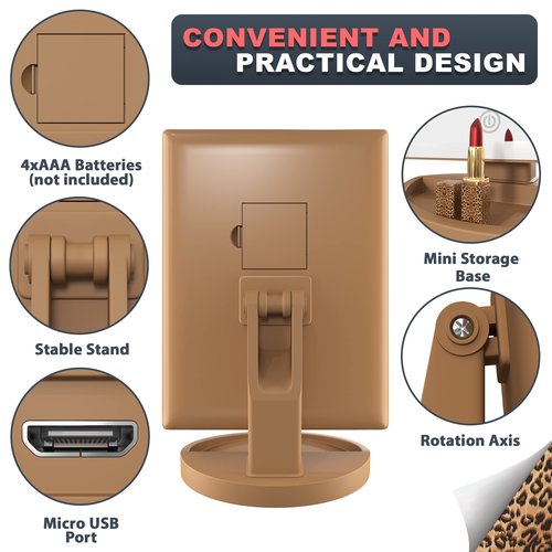 RoLeDo Lighted Makeup Mirror with Magnification 2X 3X 10X, Trifold Vanity Mirror with Lights, Touch Screen, 72 LED 3 Color Lighting, Dual Power, Leopard Print – Stylish Gift for Women & Teen Girls