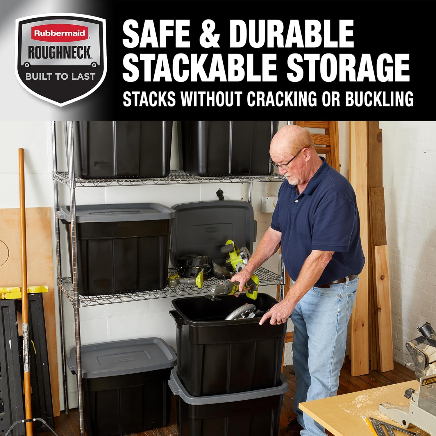 Rubbermaid 18 GAL Heavy-Duty Garage Storage Bins | Stackable Lids, Durable Plastic, Solid Black & Grey