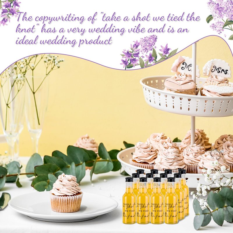 Bokon 200 Pcs Mini Wedding Liquor Bottles Take a Shot We Tied The Knot Shot Glasses for Guests 1.7 Fl Oz/ 50 ml Plastic Reusable Empty Bottle with Cap Funnel Acrylic Mini Glasses for Bridal (Black)