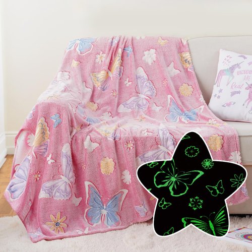 Bunnikins & Clover Butterfly Glow in The Dark Blanket for Daughters, Soft Kids Blankets for Christmas Halloween Birthday Valentines Gifts,50"x60"