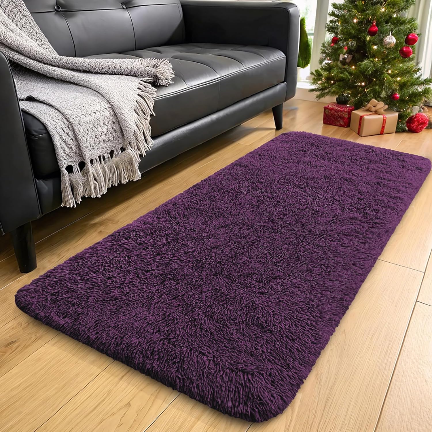 OLANLY Runner Rugs - Soft, Machine Washable Shaggy Carpet for Hallway & Bedroom | Dark Purple 2x8 ft