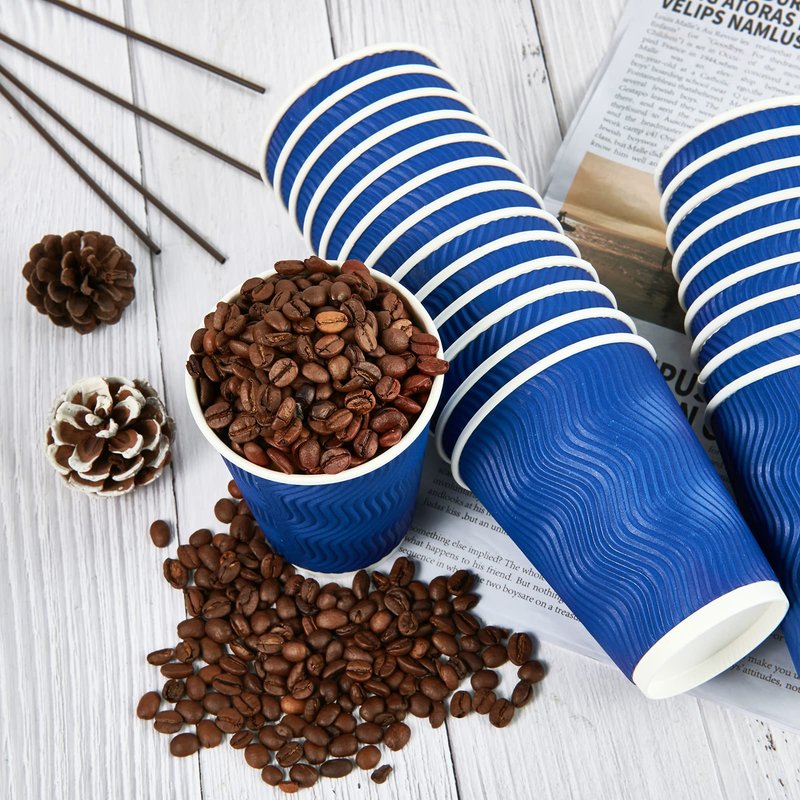 JollyPack 60 Pack 12 oz Paper Coffee Cups, Blue Disposable Beverage Cups with Insulated Ripple Wall for Coffee, Tea, and Hot Chocolate