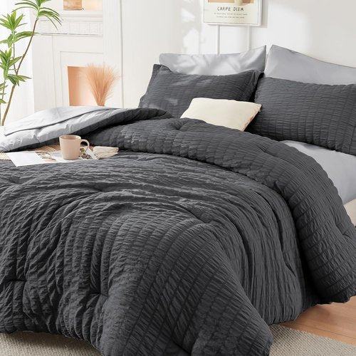 HYMOKEGE Queen Comforter Set - Luxury 7-Piece Bedding Set in Dark Grey/Light Grey | All-Season Comforter, Sheets & Pillowcases