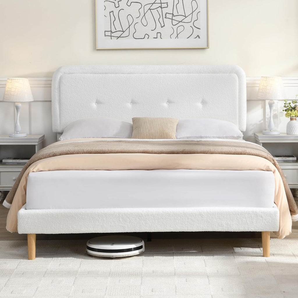 Skiennix Full Size Cloud Bed Frame - Adjustable Upholstered Headboard, Modern Boucle Fabric, Easy Assembly (White)