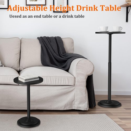 Drink Table, Small Side Table with Adjustable Height & Heavy-Duty Design, Pedestal Martini Tables for Small Spaces, Sofa Couch, Living Room, Bedroom, Supports up to 88 lbs, Black