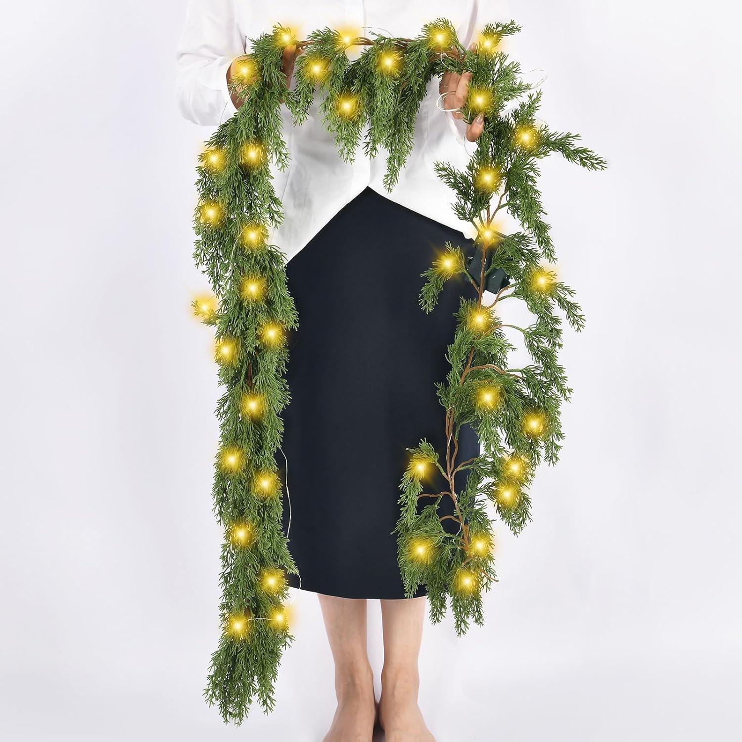 Skiennix Christmas Garland - Lush 6.2FT Real Touch Cedar with Lights | Perfect for Indoor/Outdoor Decor