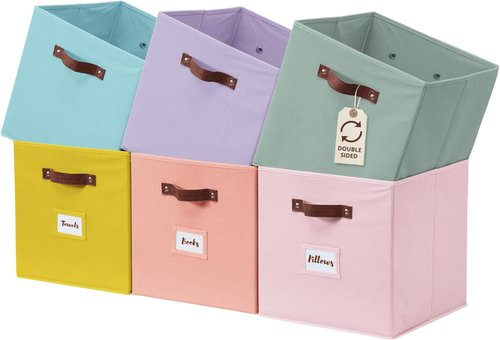 DECOMOMO Storage Bins - Colorful Fabric Cube Storage Bins with Labels | 10.5" x 11" | Set of 6