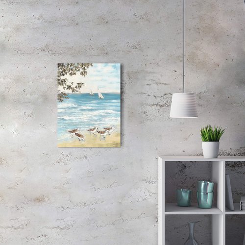 summer melody Beach Sandpiper Painting Wall Art: Coastal Sea Bird Canvas Abstract Ocean Artwork for Bedroom Seashore Seagull Picture Seaside Nature Prints Blue Seascape Art
