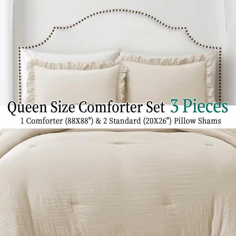 Bonlino Bedding Comforter Set Queen - 3 Pieces Farmhouse Comforter Ruffle Boho Bed Comforter, Fluffy Soft Lightweight Bedding Chic Rustic Country Style for Home Bedroom Dorm (Queen, Wheat)