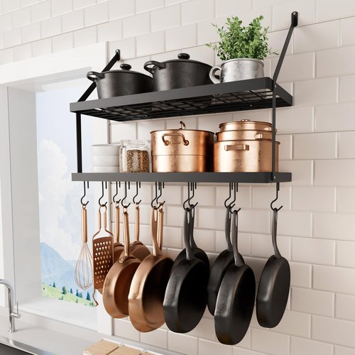 KES 30-Inch Pot Rack Wall Mounted, Pots and Pans Hanging 2 Tier for Kitchen Hanging Pan Rack Organizer with 12 Hooks Heavy Duty Matte Black, KUR218S75B-BK