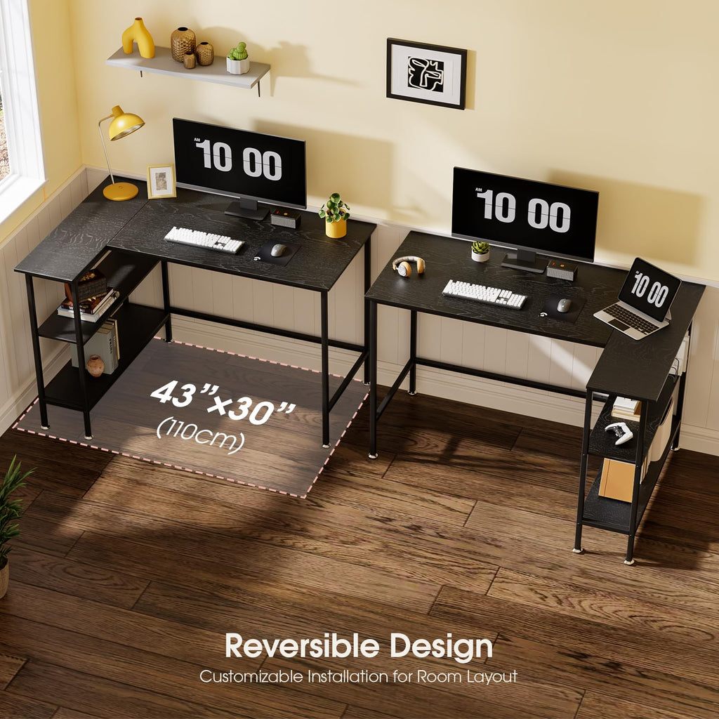 GZSHIYITECH 43" L Shaped Office Desk with Reversible Storage Shelves Can be Used as a Game Desk or Computer Desk Modern Design Corner Desk （Black）