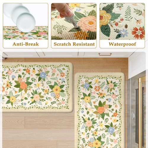 KIMODE Kitchen Mats for Floor Anti Fatigue, Beige Boho Kitchen Rugs Non Slip, Padded Kitchen Floor Mats, Memory Foam Kitchen Mats Cushioned, Standing Desk Mat for Laundry Office Sink 17"x47"+17"x29"