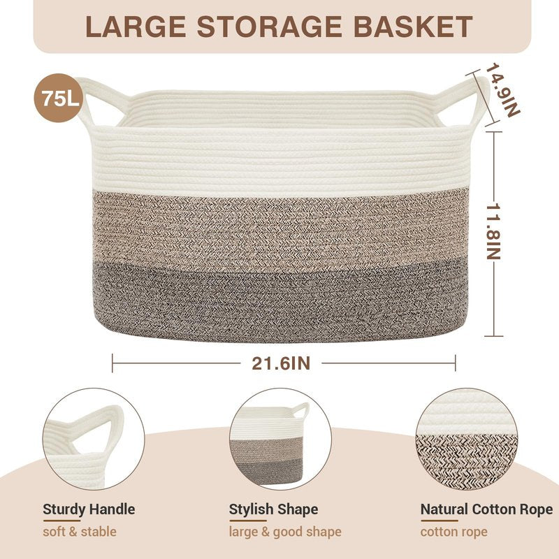 YOUDENOVA Nursery Storage Basket，21.6''×14.9''×11.8'' Rectangle Cotton Rope Blanket Basket, Nursery Laundry Hamper for Organizing，Toy Basket for Living Room, Bedroom