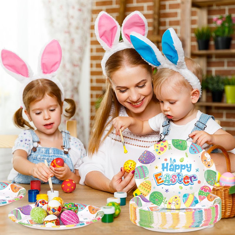 50 Count Easter Plates Heavy Duty, Large Disposable Easter Oval Paper Plates, 10" X 12.5" Happy Easter Platters Dinner Party Plate Pastel Eggs Dinnerware Tableware Spring Holiday Party Supplies