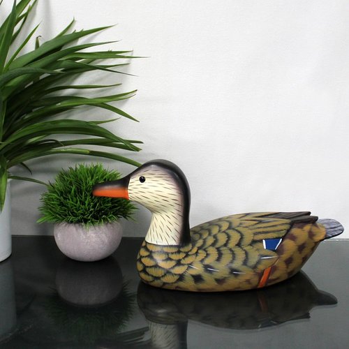 CVHOMEDECO Mallard Duck Decor - Hand Engraved & Painted Wood Figurine, 13 Inch, Brown Accent
