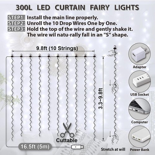 HXWEIYE 300LED Fairy Curtain Lights - 9.8x9.8Ft USB Plug-In with 8 Modes & Remote | White Indoor Decor