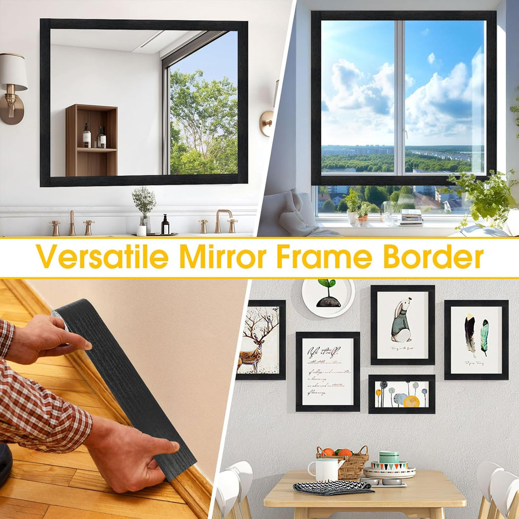 Peel & Stick Black Wood Grain Wallpaper Border by [Brand Name] - Stylish Bathroom Mirror Frame | 32.8 FT x 3.93 Inch