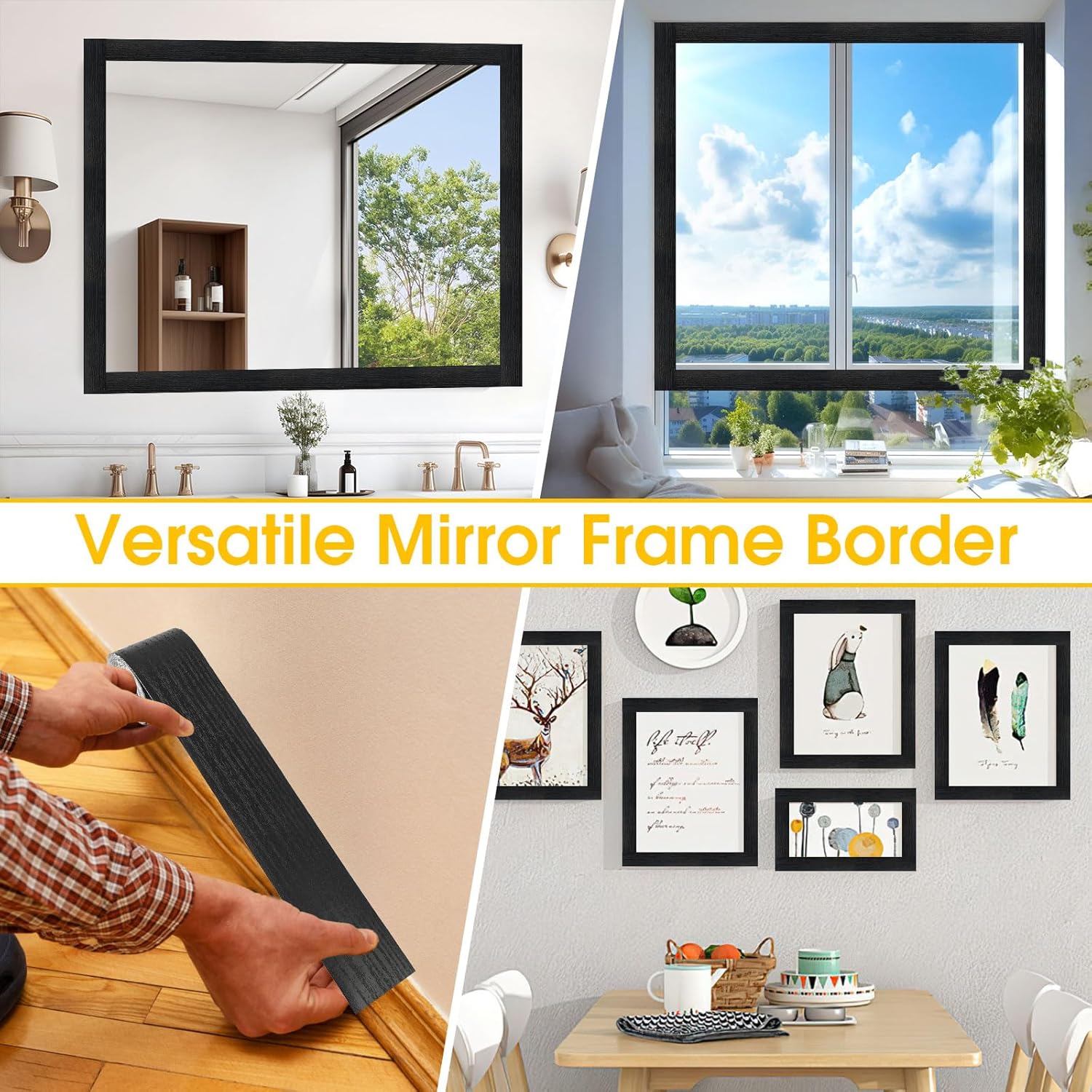 Peel & Stick Black Wood Grain Wallpaper Border by [Brand Name] - Stylish Bathroom Mirror Frame | 32.8 FT x 3.93 Inch