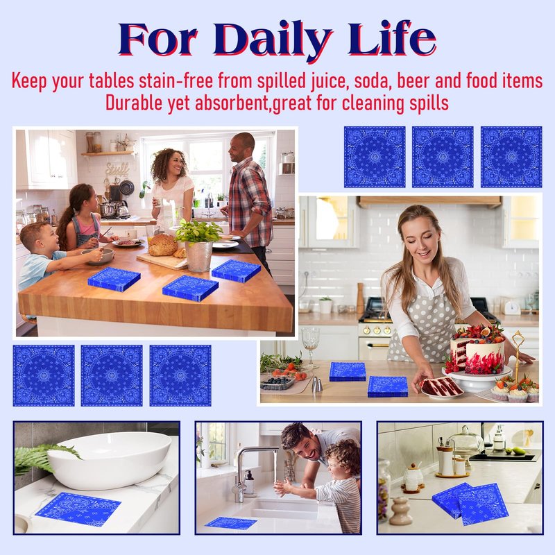 Teling 200 Pcs Western Bandana Napkins 2 Ply Bandana Paper Napkins Bulk Disposable Paisley Print Cocktail Napkin for Western Cowboy Theme Birthday Party Supplies, 6.3 * 6.3"(Blue)