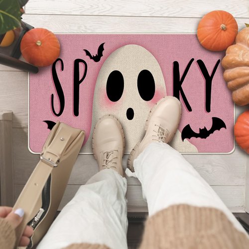 Livcoz Pink Halloween Spooky Ghost Kitchen Rugs Set of 2, Cute Bats Boo Floor Mats Home Decor, Funny Door Mat Decorations - 17x29 and 17x47 Inches