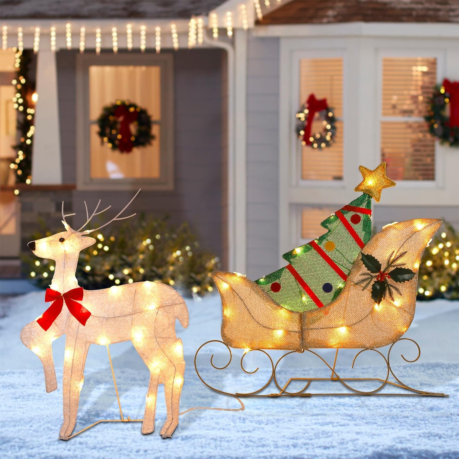 WATERGLIDE Christmas Decorations - 23-Inch Lighted Reindeer & Santa Sleigh | Pre-Lit 2D Yard Decor for Festive Holiday Display