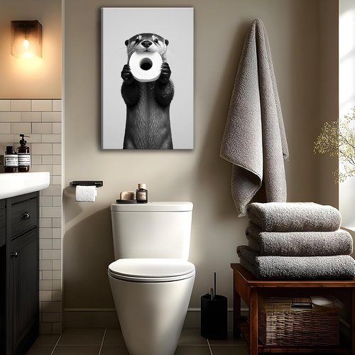 Funny Otter Wall Art by [Brand Name] - Humorous Black and White Canvas Print | Cute Otter with Toilet Paper, 12x16''