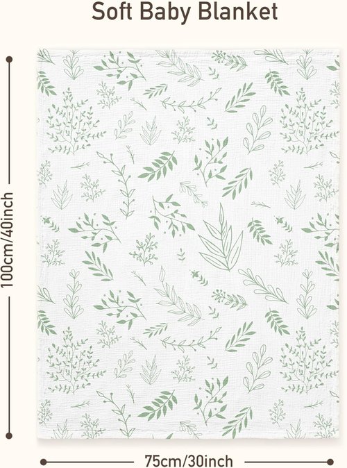 GLLQUEN Baby Blanket - Soft Muslin Cotton Front with Dotted Fleece Backing | Greenery, 30 x 40 Inches