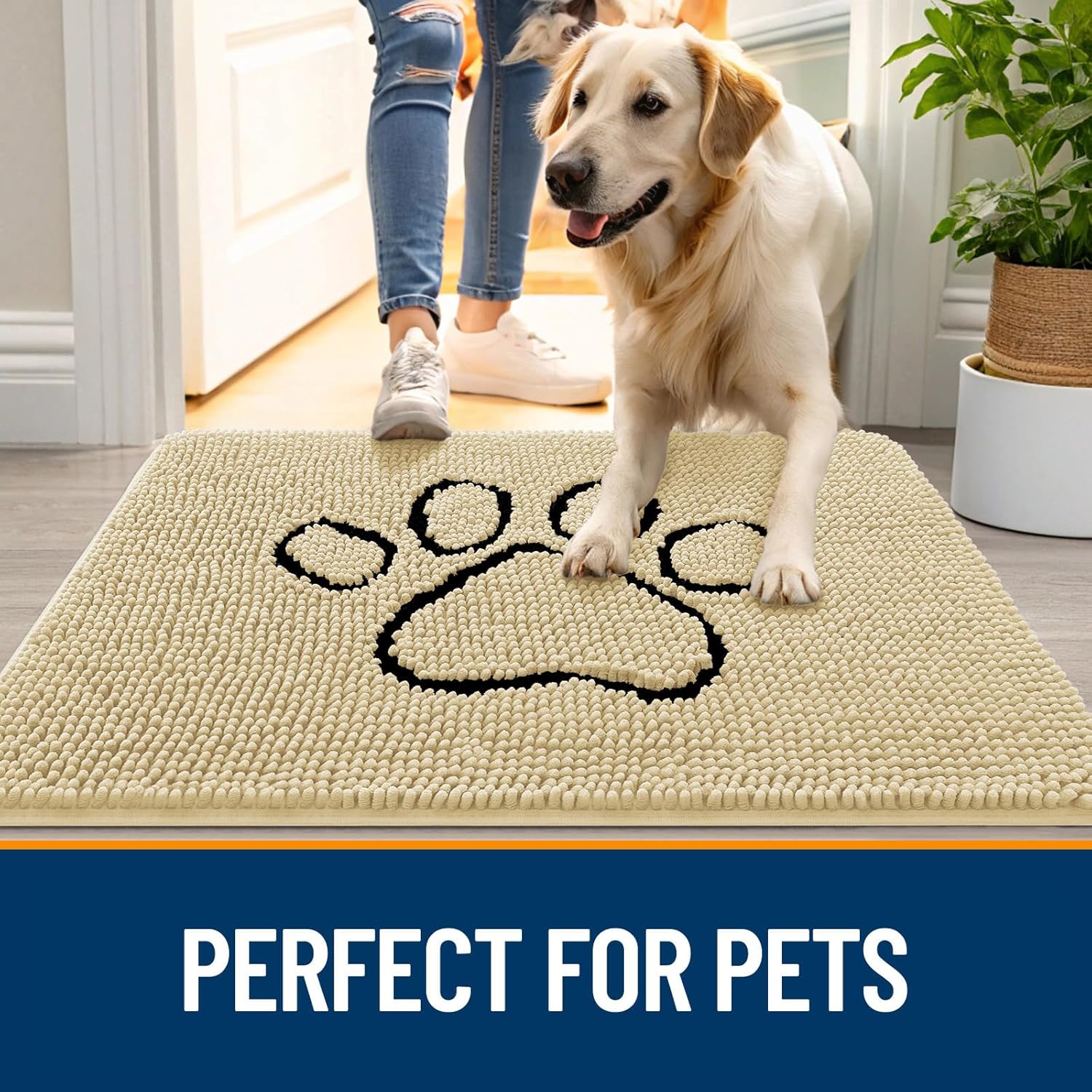 OLANLY Dog Door Mat - Absorbent Non-Slip Mud Mat for Muddy Paws | 48x30 Paw Print Design, Quick Dry Chenille