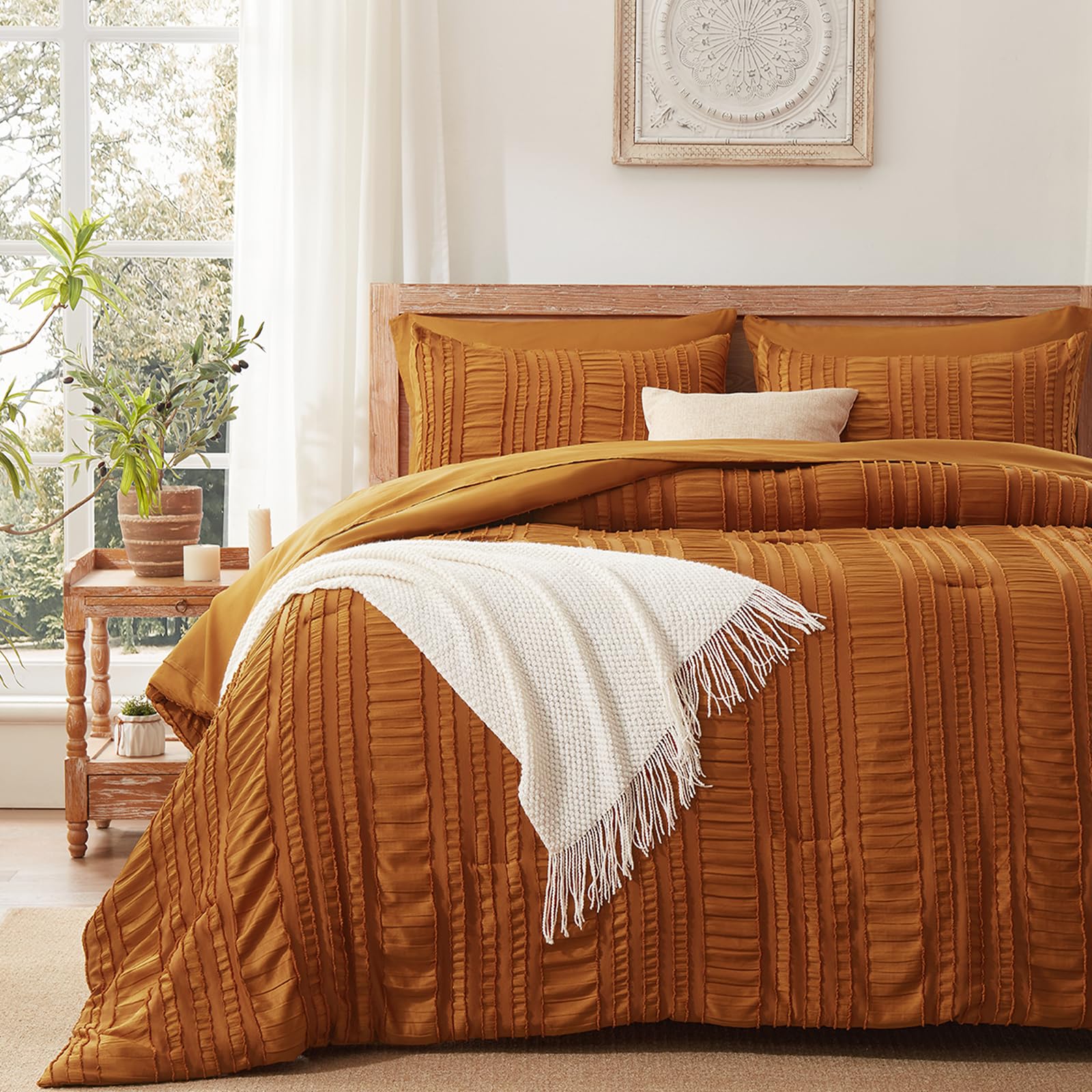 Burnt Orange Tufted Textured Comforter Set Queen Size, 7 Piece Bed in a Bag，Shabby Chic Boho Bedding for Bedroom Comforter，All Season Soft Microfiber Ruffle Comforter Set with Pillow and Sheets