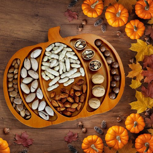 Autumn Harvest Wooden Pumpkin Serving Tray,15x11.8 Inches Snacks Fruit Meat Cheese Deli Plate,Split Dinner Plates for Halloween, Thanksgiving, Parties，Christmas Day
