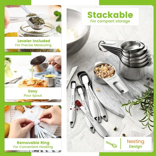 Spring Chef Stainless Steel Measuring Cups and Spoons Set of 14 with Leveler, Nesting Kitchen Metal Measuring Cups and Spoons Set for Dry and Liquid Ingredients, Perfect for Cooking & Baking