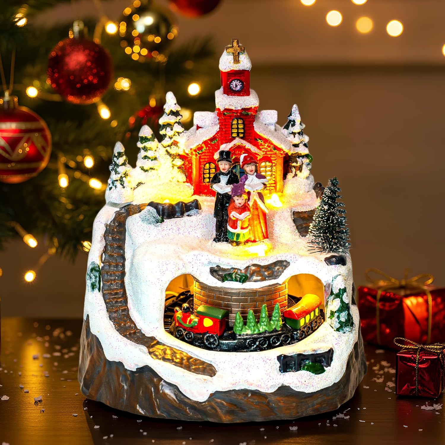 MXwcy Animated Christmas Village Decoration - Lighted Church Choir & Moving Train on Snowy Mountain