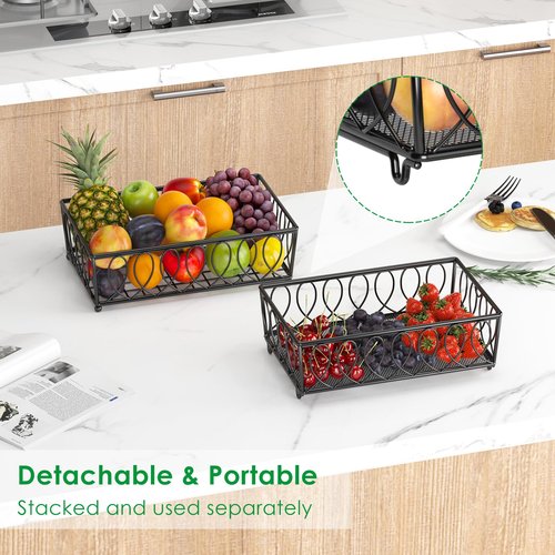 XYZLVSI 2-Tier Countertop Fruit Basket Bread Bowl for Kitchen, Vegetable Potato Onion Storage Wire Basket, 13.8-Inch, Black